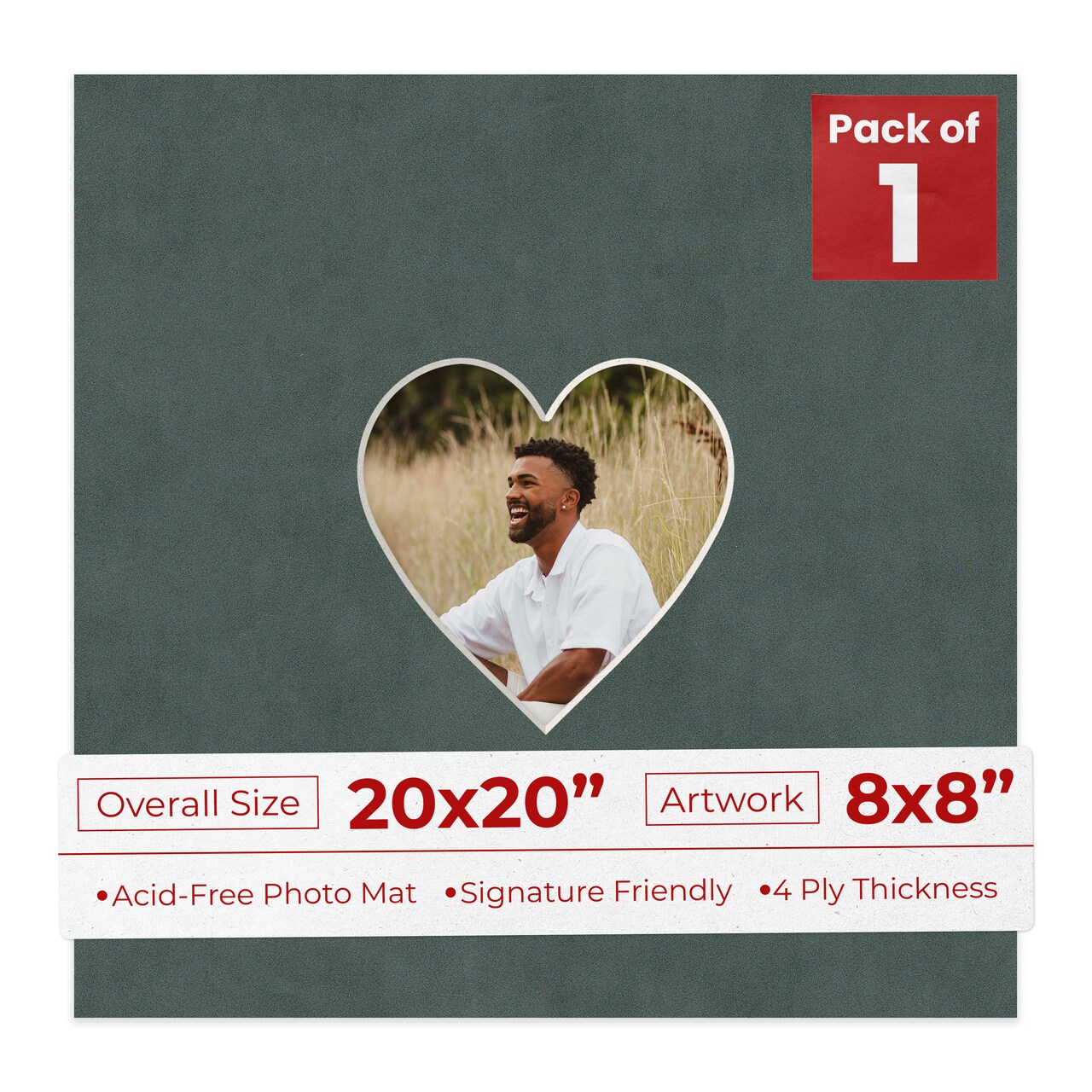 Dark Grey Suede Mat Board for 20x20 Frames - Heart Opening for 8x8 Photos